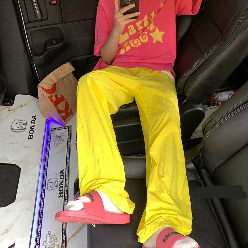 American Trend Y2k Parachute Casual Pants Mens Baggy Solid Color Quick Drying Cargo Pants Waterproof Ice Silk Straight Trousers aidase-shop