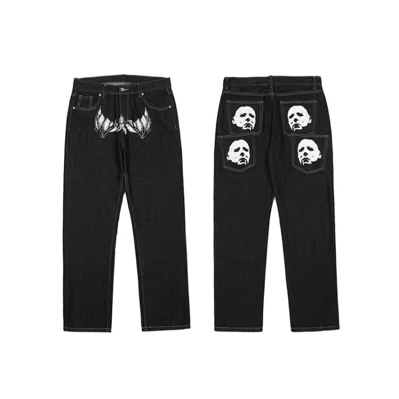 Y2K Hip-hop Demon Print Oversized Jeans Pants Men New Fashion Casual Harajuku Gothic Loose Straight Stacked Trousers Streetwear aidase-shop