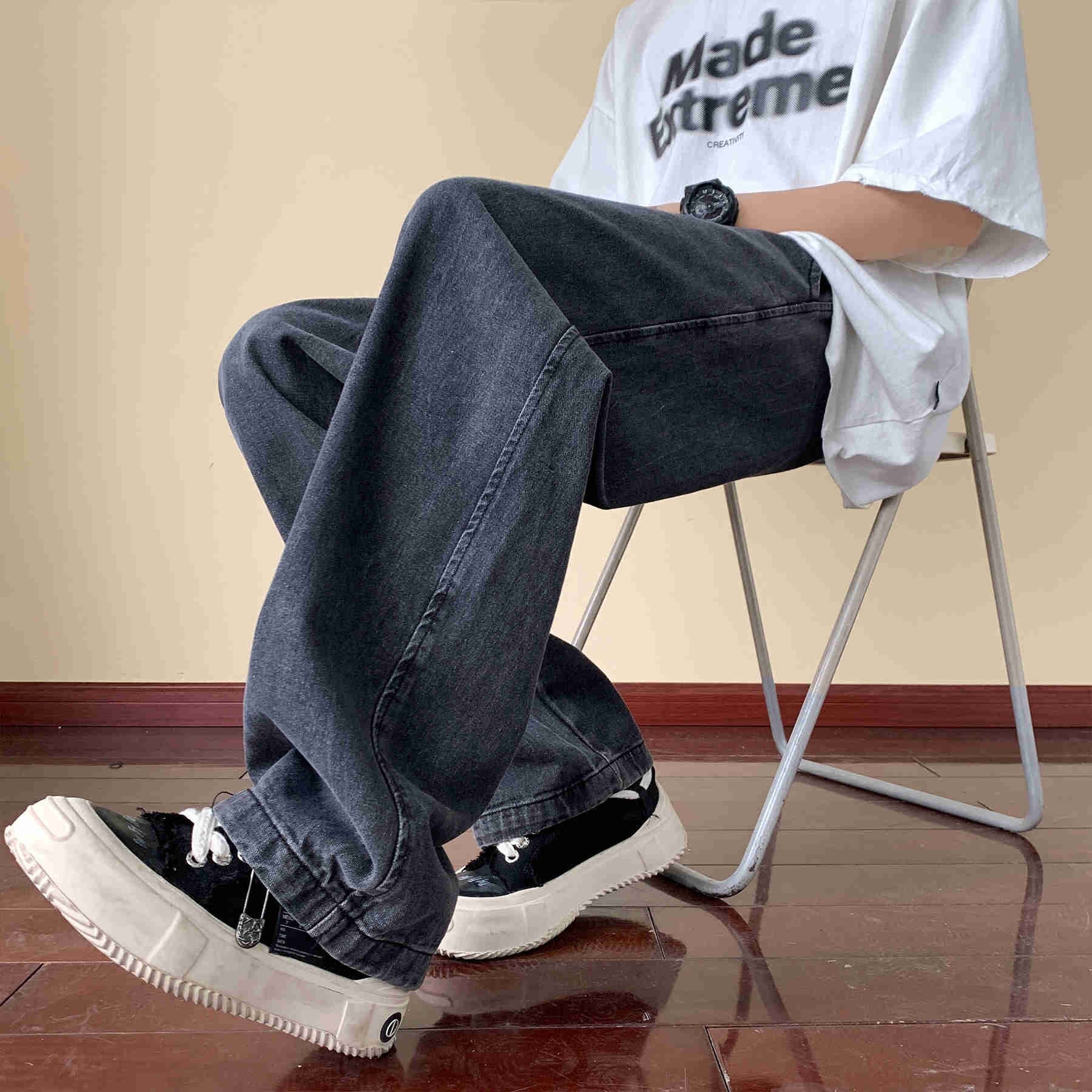 Japanese Style Trend Y2k Baggy Straight Jeans Men's Summer New Wide Leg Solid Color Casual Denim Pants Male High Street Trousers aidase-shop