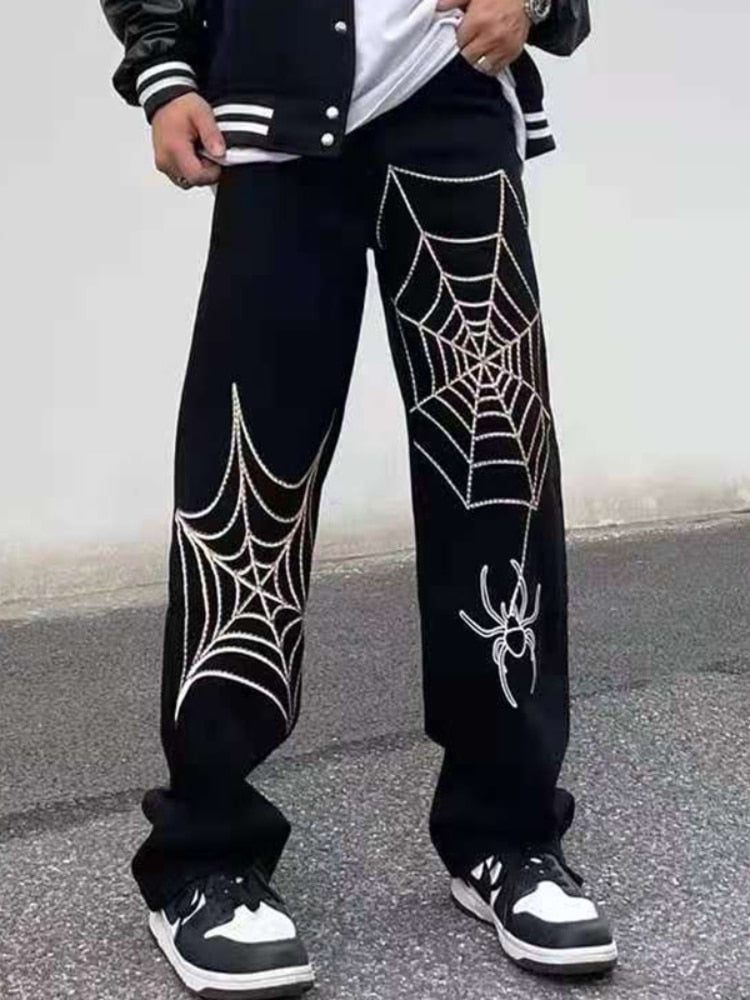 Summer Spider Web Embroidery Straight Casual Jeans Pants Men Women Vibe Style Ripped Loose Denim Trousers  New Streetwear aidase-shop
