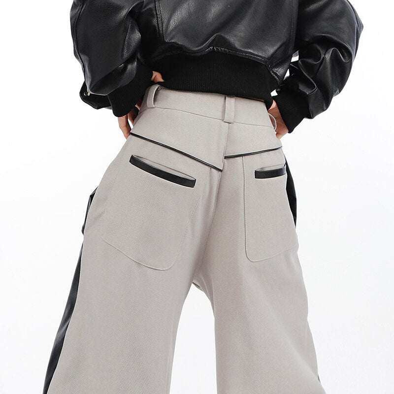 Niche Split Trousers PU Leather Splicing Design Casual Pants Loose High Straight Contrast Color Male Fashion Winter aidase-shop