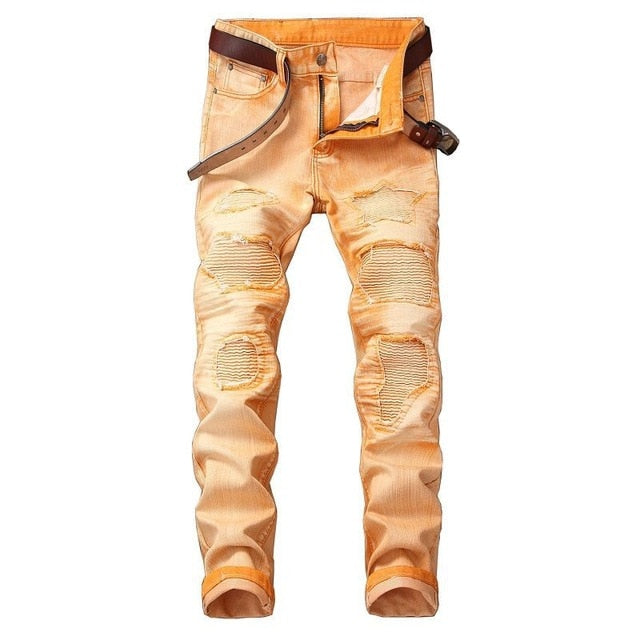 2020 High Quality Men  Casual Jeans Coated Slim Straight Pleated Biker Jeans Pants Male Denim Casual Pants Plus Size 42 aidase-shop