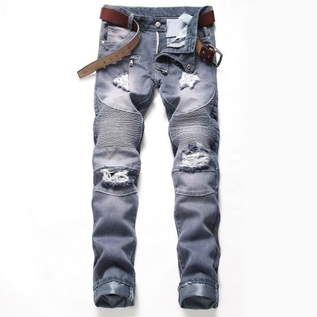 2020 High Quality Men  Casual Jeans Coated Slim Straight Pleated Biker Jeans Pants Male Denim Casual Pants Plus Size 42 aidase-shop