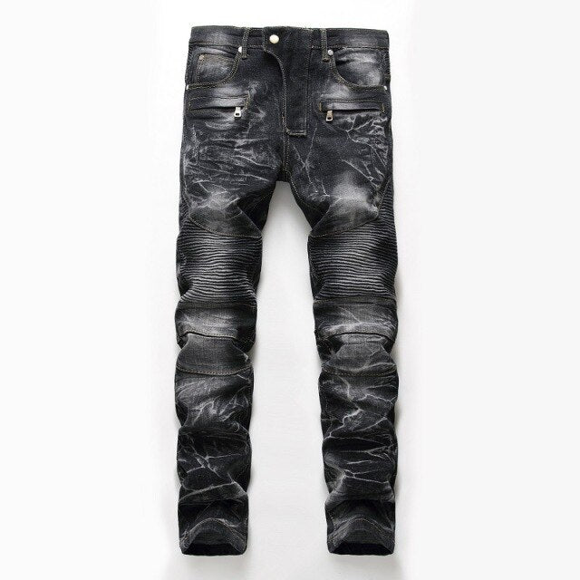 2020 High Quality Men  Casual Jeans Coated Slim Straight Pleated Biker Jeans Pants Male Denim Casual Pants Plus Size 42 aidase-shop
