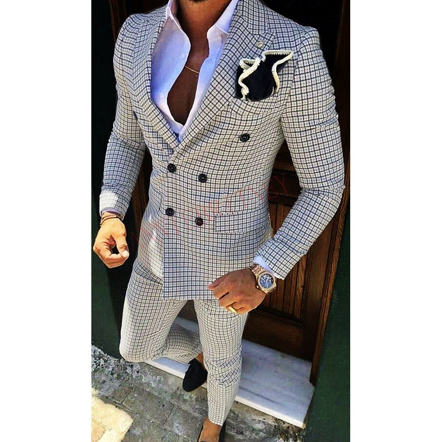 Aidase Fashion Lattice Men's Suit Slim Fit Prom Wedding Suits for Men Groom Tuxedo Jacket Pants Set Custom White Casual Men Blazer aidase-shop