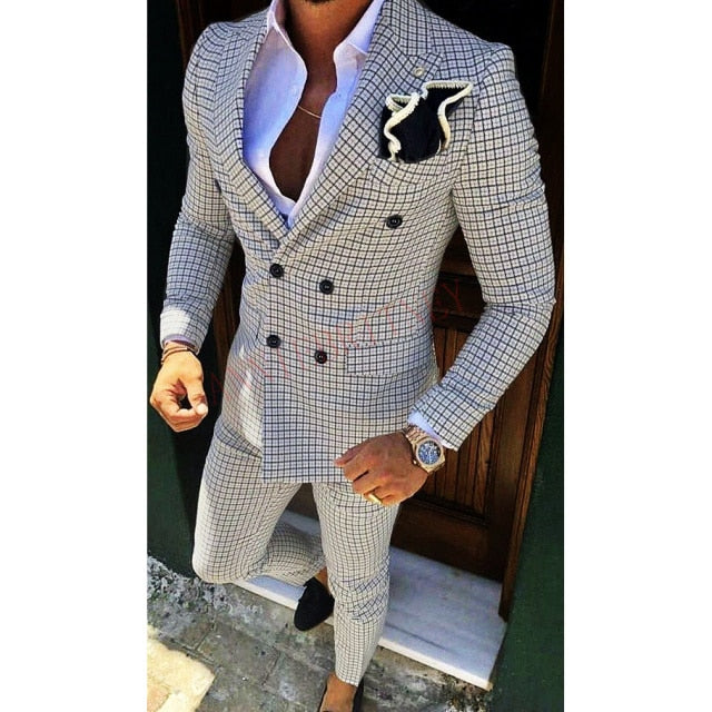 Aidase Fashion Lattice Men's Suit Slim Fit Prom Wedding Suits for Men Groom Tuxedo Jacket Pants Set Custom White Casual Men Blazer aidase-shop