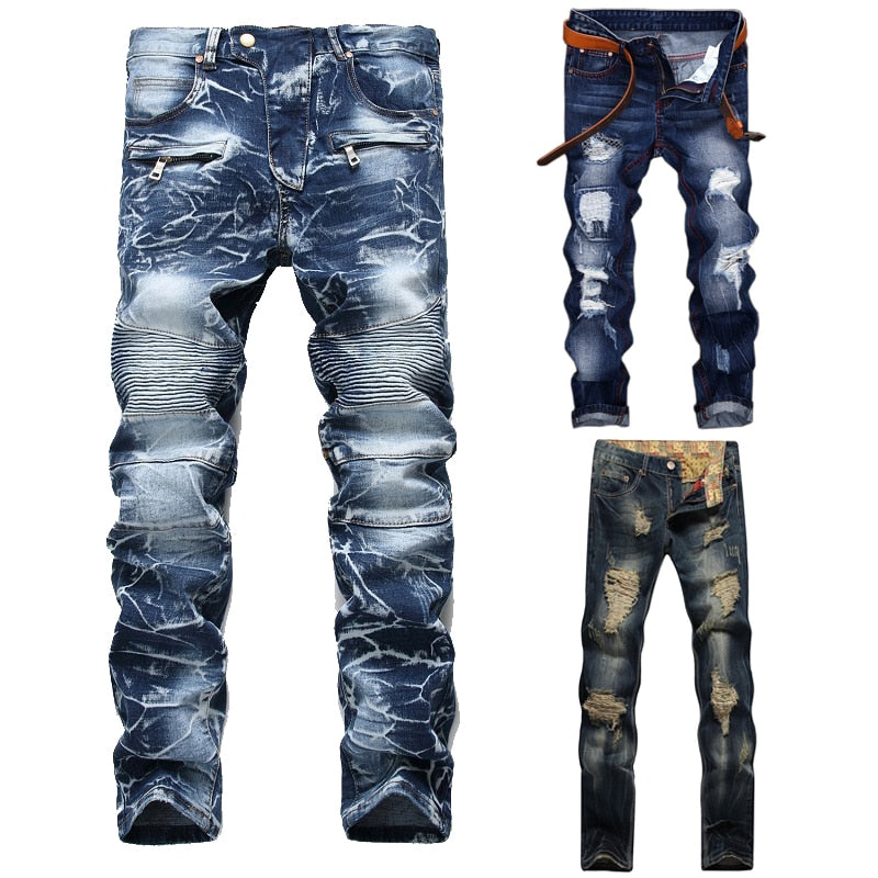 Aidase High Quality Men Casual Ripped Jeans Washed Straight Slim Pleated Motorcycle Biker Jeans Pants Male Denim Trousers Plus Size 42 aidase-shop