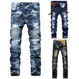 Aidase High Quality Men Casual Ripped Jeans Washed Straight Slim Pleated Motorcycle Biker Jeans Pants Male Denim Trousers Plus Size 42