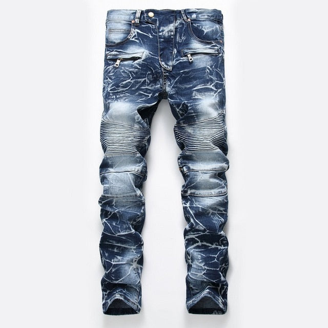 Aidase High Quality Men Casual Ripped Jeans Washed Straight Slim Pleated Motorcycle Biker Jeans Pants Male Denim Trousers Plus Size 42 aidase-shop