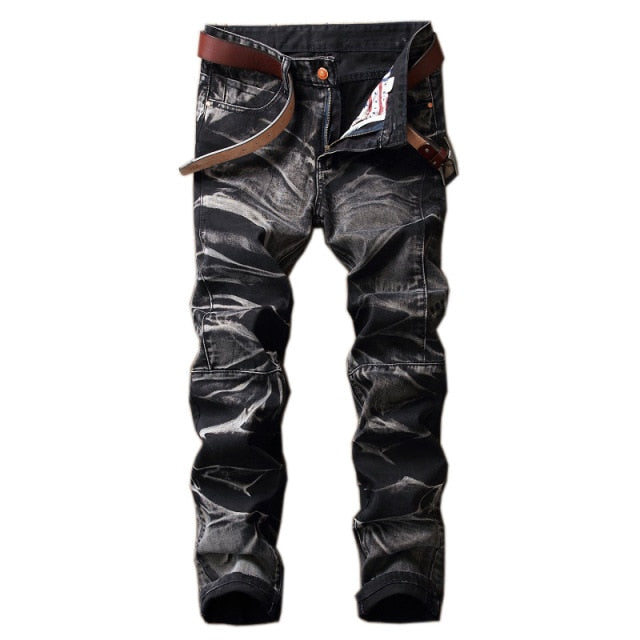 Aidase High Quality Men Casual Ripped Jeans Washed Straight Slim Pleated Motorcycle Biker Jeans Pants Male Denim Trousers Plus Size 42 aidase-shop