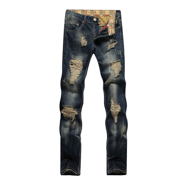 Aidase High Quality Men Casual Ripped Jeans Washed Straight Slim Pleated Motorcycle Biker Jeans Pants Male Denim Trousers Plus Size 42 aidase-shop