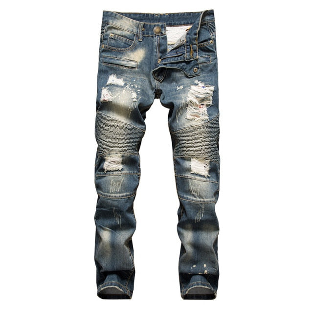 Aidase High Quality Men Casual Ripped Jeans Washed Straight Slim Pleated Motorcycle Biker Jeans Pants Male Denim Trousers Plus Size 42 aidase-shop
