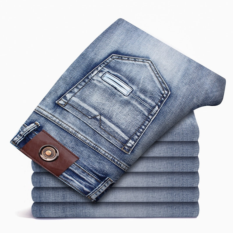 Quality Slim Jeans Men Classical Fashion Elasticity Denim Pants Light Blue Washed Brand Casual Trousers Male Plus Size 40-46 aidase-shop
