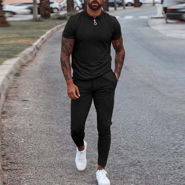 Fashion Solid Mens Clothes 2021 Summer 2 Piece Set Men Turn-down Collar Zipper Tops And Drawstring Pants Outfit Casual Suits 3XL aidase-shop