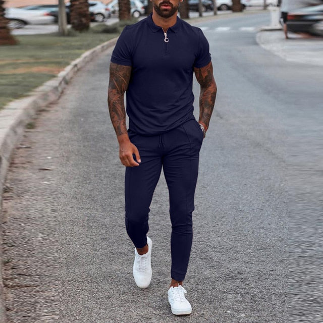 Fashion Solid Mens Clothes 2021 Summer 2 Piece Set Men Turn-down Collar Zipper Tops And Drawstring Pants Outfit Casual Suits 3XL aidase-shop