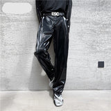 Aidase  Autumn new net trend personality streetwear bright PU leather trousers side tight waist loose casual pants men's Y4703