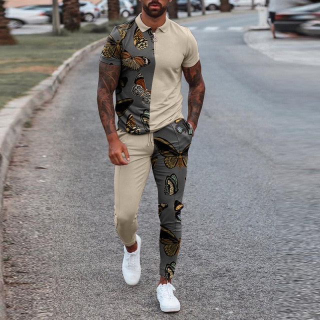 Fashion Solid Mens Clothes 2021 Summer 2 Piece Set Men Turn-down Collar Zipper Tops And Drawstring Pants Outfit Casual Suits 3XL aidase-shop