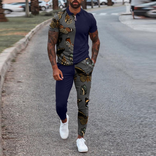 Fashion Solid Mens Clothes 2021 Summer 2 Piece Set Men Turn-down Collar Zipper Tops And Drawstring Pants Outfit Casual Suits 3XL aidase-shop