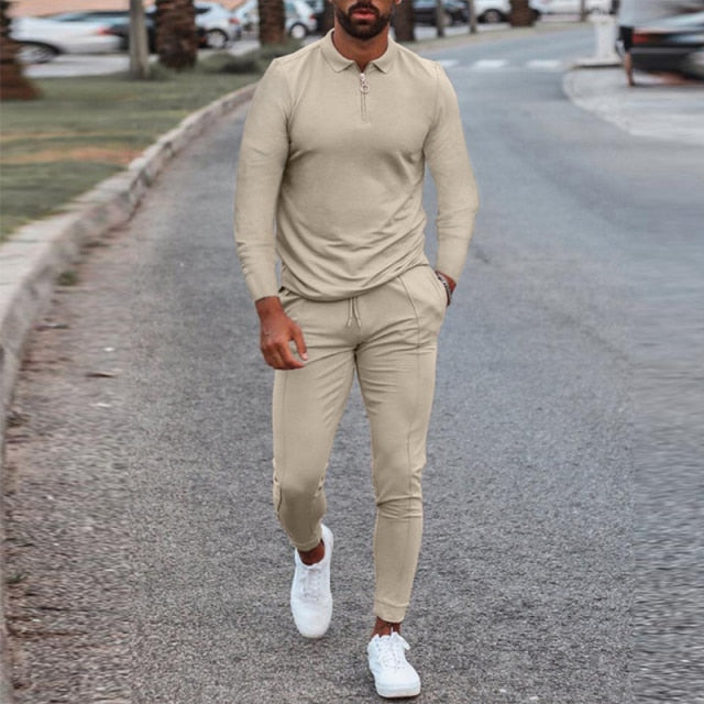 Fashion Solid Mens Clothes 2021 Summer 2 Piece Set Men Turn-down Collar Zipper Tops And Drawstring Pants Outfit Casual Suits 3XL aidase-shop