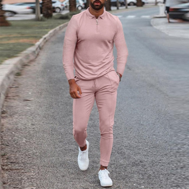 Fashion Solid Mens Clothes 2021 Summer 2 Piece Set Men Turn-down Collar Zipper Tops And Drawstring Pants Outfit Casual Suits 3XL aidase-shop