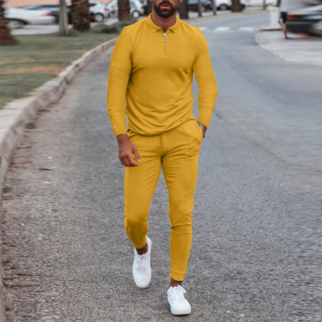 Fashion Solid Mens Clothes 2021 Summer 2 Piece Set Men Turn-down Collar Zipper Tops And Drawstring Pants Outfit Casual Suits 3XL aidase-shop