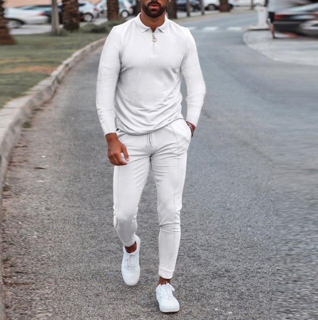 Fashion Solid Mens Clothes 2021 Summer 2 Piece Set Men Turn-down Collar Zipper Tops And Drawstring Pants Outfit Casual Suits 3XL aidase-shop