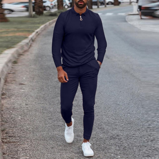 Fashion Solid Mens Clothes 2021 Summer 2 Piece Set Men Turn-down Collar Zipper Tops And Drawstring Pants Outfit Casual Suits 3XL aidase-shop