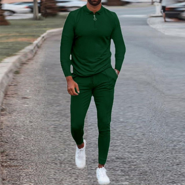 Fashion Solid Mens Clothes 2021 Summer 2 Piece Set Men Turn-down Collar Zipper Tops And Drawstring Pants Outfit Casual Suits 3XL aidase-shop