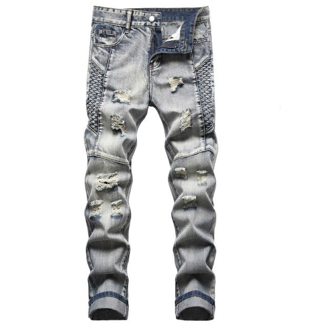 2020 High Quality Men  Casual Jeans Coated Slim Straight Pleated Biker Jeans Pants Male Denim Casual Pants Plus Size 42 aidase-shop