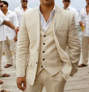 Aidase 2021 Men Suit Linen Beige For Beach Wedding Casual Man Blazer Custom Groom Tuxedo Jacket Pants Set Mens Suits 3 Pieces aidase-shop