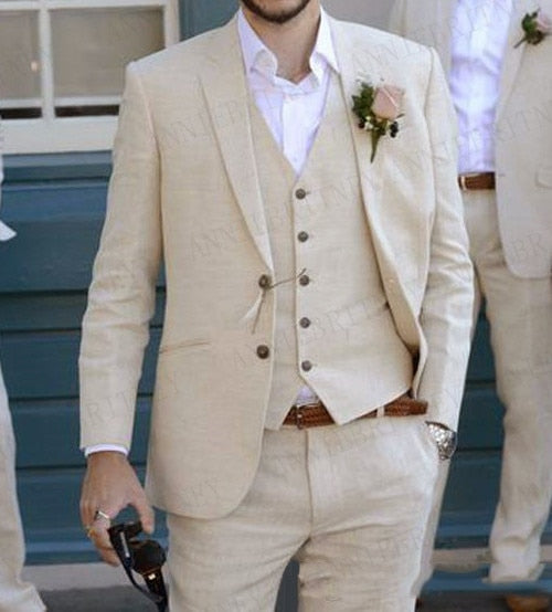Aidase 2021 Men Suit Linen Beige For Beach Wedding Casual Man Blazer Custom Groom Tuxedo Jacket Pants Set Mens Suits 3 Pieces aidase-shop