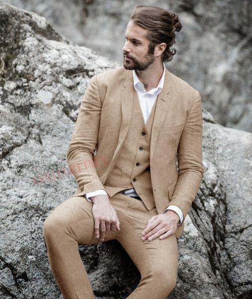 Aidase 2021 Men Suit Linen Beige For Beach Wedding Casual Man Blazer Custom Groom Tuxedo Jacket Pants Set Mens Suits 3 Pieces aidase-shop