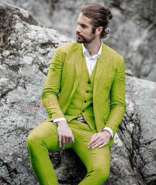 Aidase 2021 Men Suit Linen Beige For Beach Wedding Casual Man Blazer Custom Groom Tuxedo Jacket Pants Set Mens Suits 3 Pieces aidase-shop
