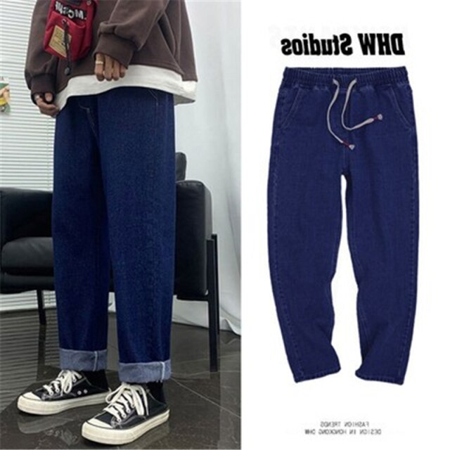 Aidase Spring And Autumn Elastic Waist Jeans Men's Loose All-Match Straight Pants Large Size Casual Falling Wide Leg 9-Point PantS 2021 aidase-shop
