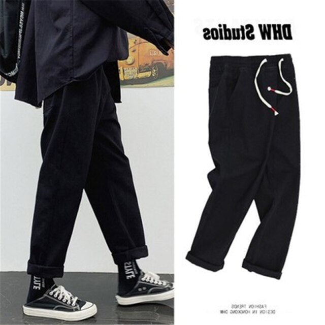 Aidase Spring And Autumn Elastic Waist Jeans Men's Loose All-Match Straight Pants Large Size Casual Falling Wide Leg 9-Point PantS 2021 aidase-shop