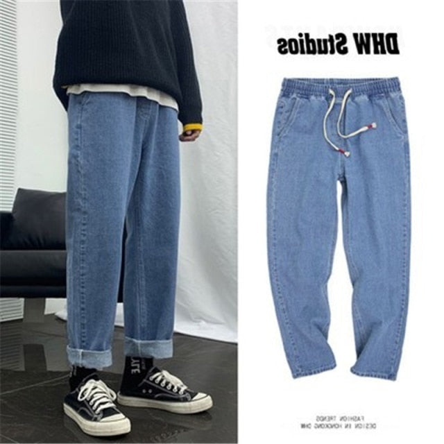 Aidase Spring And Autumn Elastic Waist Jeans Men's Loose All-Match Straight Pants Large Size Casual Falling Wide Leg 9-Point PantS 2021 aidase-shop