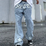 AIDASE  -  Star Embroidered Jeans Men's and Women's Retro Washed Jeans Fashion High Street Hip Hop Designer Loose Straight Wide Leg Pants aidase-shop