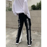 AIDASE  -  Letter Spine Embroidery Cargo Pants Mens High Street Hip Hop Patchwork Jeans Loose Straight Wide Leg Full Length Black Denim aidase-shop