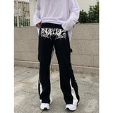 AIDASE  -  Letter Spine Embroidery Cargo Pants Mens High Street Hip Hop Patchwork Jeans Loose Straight Wide Leg Full Length Black Denim