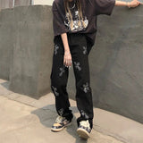 AIDASE  -  Cross Jeans Men and Women Trendy Brand Straight Loose Wide Let Pants American Streetwear Retro Vintage Long Black aidase-shop