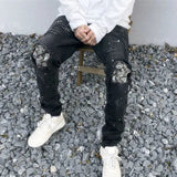 AIDASE  -  Cashew Flower Patch Fake Hole Ripped Jeans Mens Autumn Retro Vintage Black Blue Jeans High Street Slim Skinny Jeans Pencil Pants aidase-shop