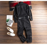 AIDASE  -  Men's long sleeve zippers pockets cargo jumpsuits with belt Casual trendy pants set Overalls Gray Black aidase-shop