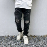 AIDASE  -  Cashew Flower Patch Fake Hole Ripped Jeans Mens Autumn Retro Vintage Black Blue Jeans High Street Slim Skinny Jeans Pencil Pants aidase-shop
