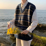 Aidase New Arrivals Japanese Retro Knitted Sweater Vest Men Ethnic Style Patchwork Loose Handsome Waistcoat V-neck Sweater Oversize aidase-shop