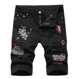 AIDASE  -  Men's Letters Printed Embroidery Denim Shorts Summer Holes Ripped Jeans Slim Stretch Breeches Black White aidase-shop