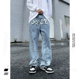 AIDASE  -  Star Embroidered Jeans Men's and Women's Retro Washed Jeans Fashion High Street Hip Hop Designer Loose Straight Wide Leg Pants aidase-shop