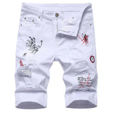 AIDASE  -  Men's Letters Printed Embroidery Denim Shorts Summer Holes Ripped Jeans Slim Stretch Breeches Black White