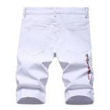 AIDASE  -  Men's Letters Printed Embroidery Denim Shorts Summer Holes Ripped Jeans Slim Stretch Breeches Black White aidase-shop