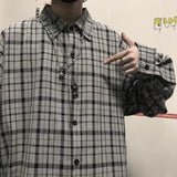 Ootdstudio Korean ins versatile Plaid loose oversize long sleeve shirt for men and camisa masculina gray shirts 2021 Maytrends