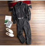 AIDASE  -  Men's long sleeve zippers pockets cargo jumpsuits with belt Casual trendy pants set Overalls Gray Black aidase-shop
